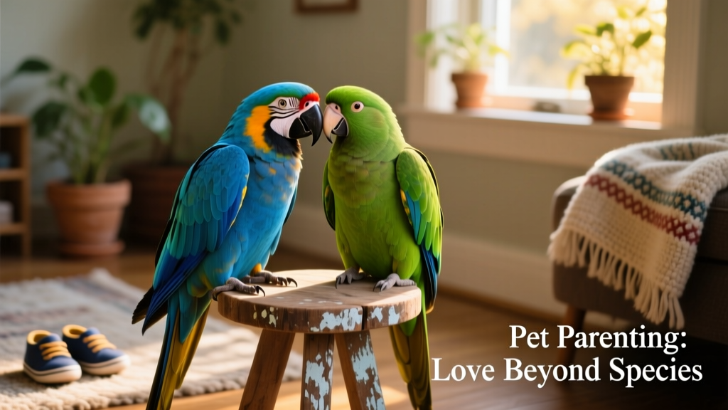 Two colorful pet parrots perched side-by-side on a wooden stand, interacting gently
