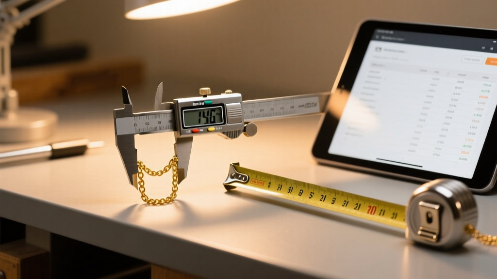 Digital caliper measuring a 14k gold chain link on a workbench, next to a tape measure and pricing spreadsheet under warm light.