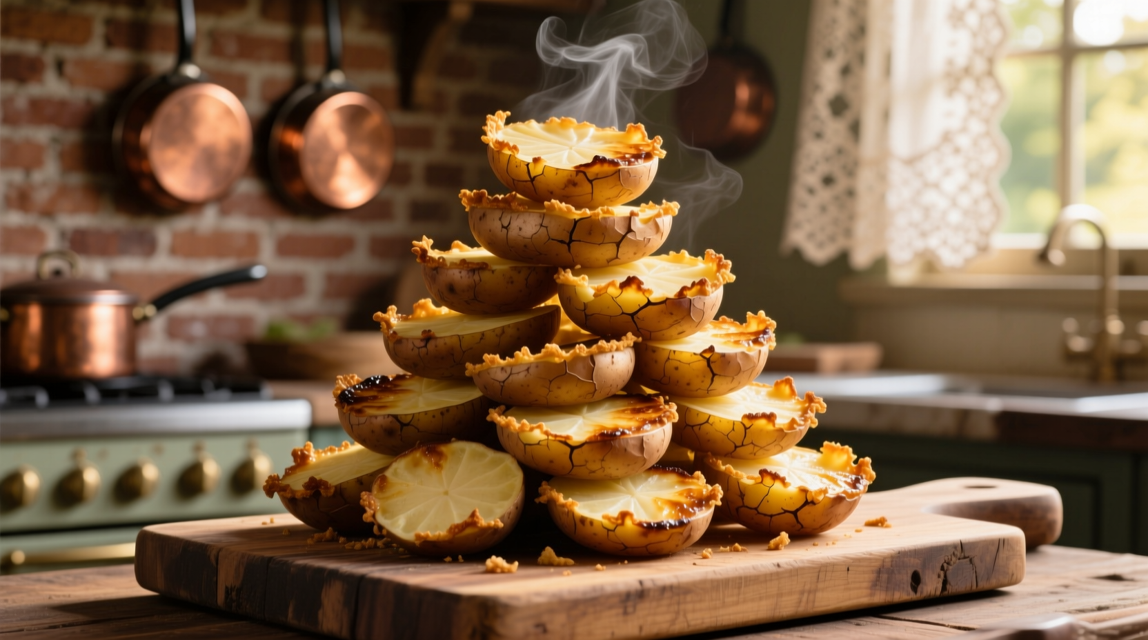 Golden brown potato stacks with crispy edges