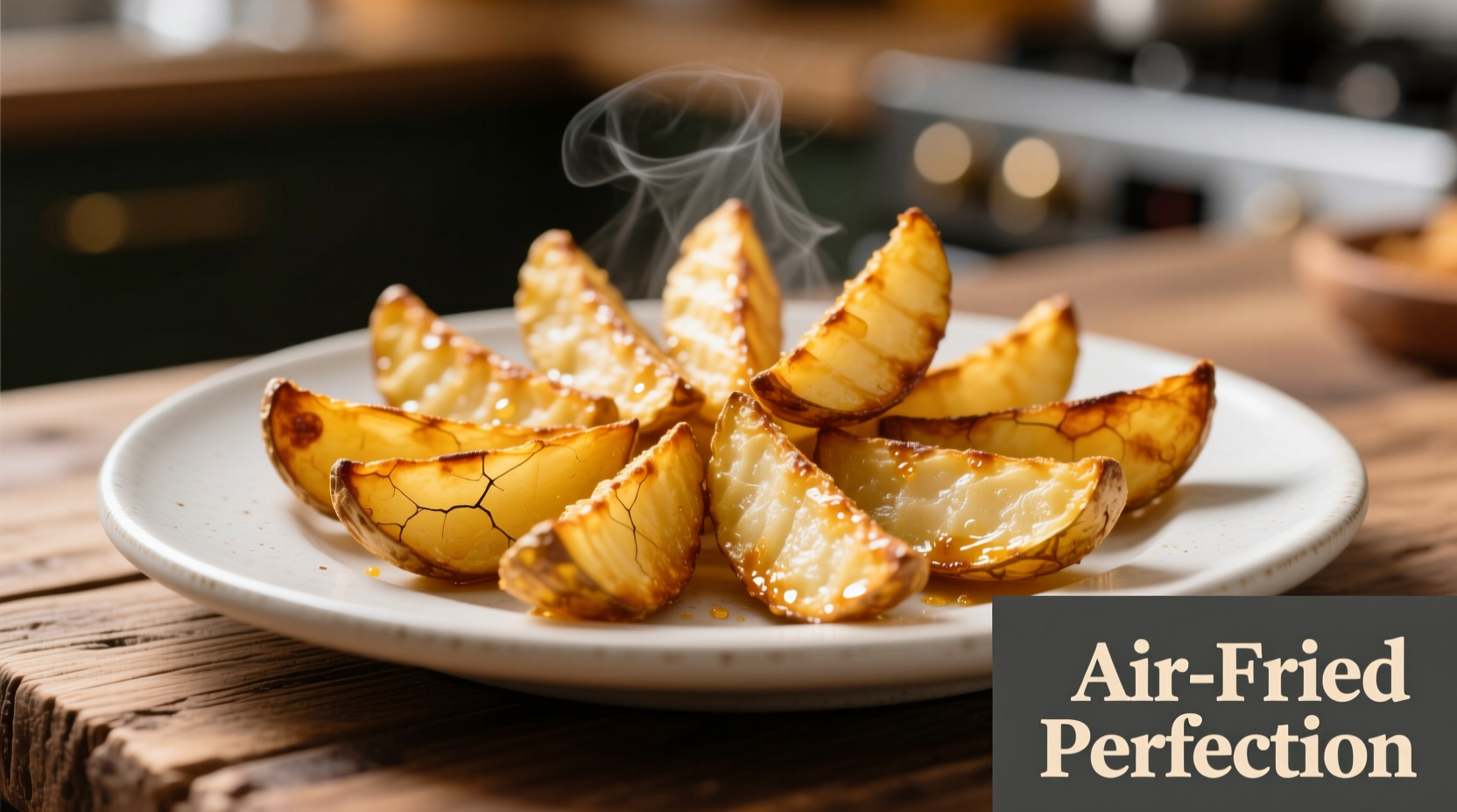 Crispy golden air fried potato wedges on white plate