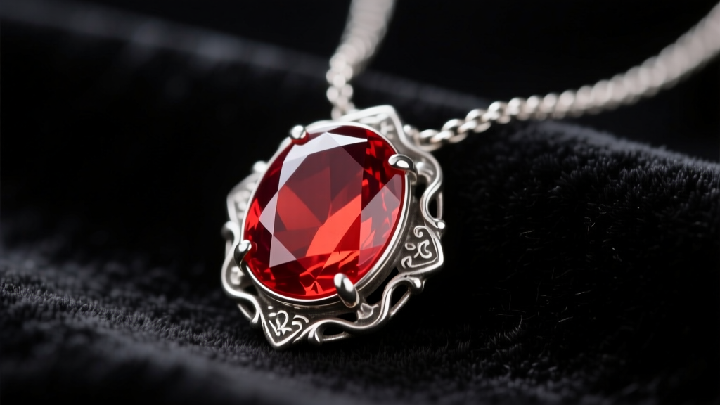 Macro photography of a vintage red coral cabochon set in an oxidized 925 sterling silver bezel necklace resting on dark velvet.