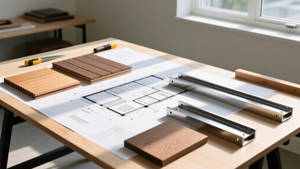 Blueprint overlaid with samples of capped composite decking, pressure-treated pine, and aluminum joists on a sunlit drafting table