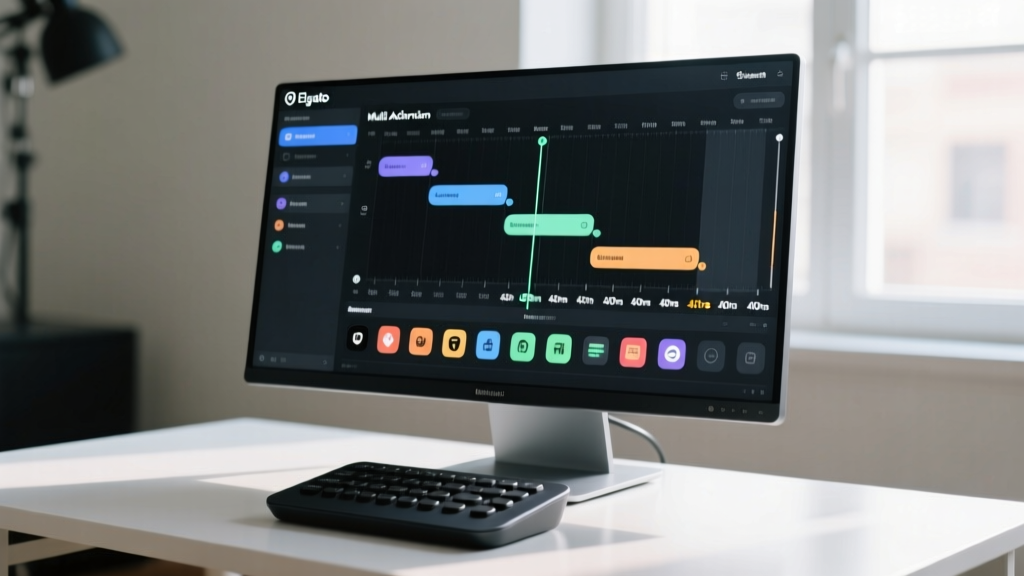 Monitor displaying Elgato Stream Deck software interface showing a Multi Action macro timeline configured with 400ms delays