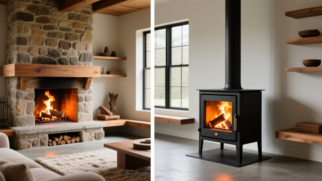 Split-view living room showing a masonry fireplace beside a modern freestanding cast iron wood stove, both burning oak logs