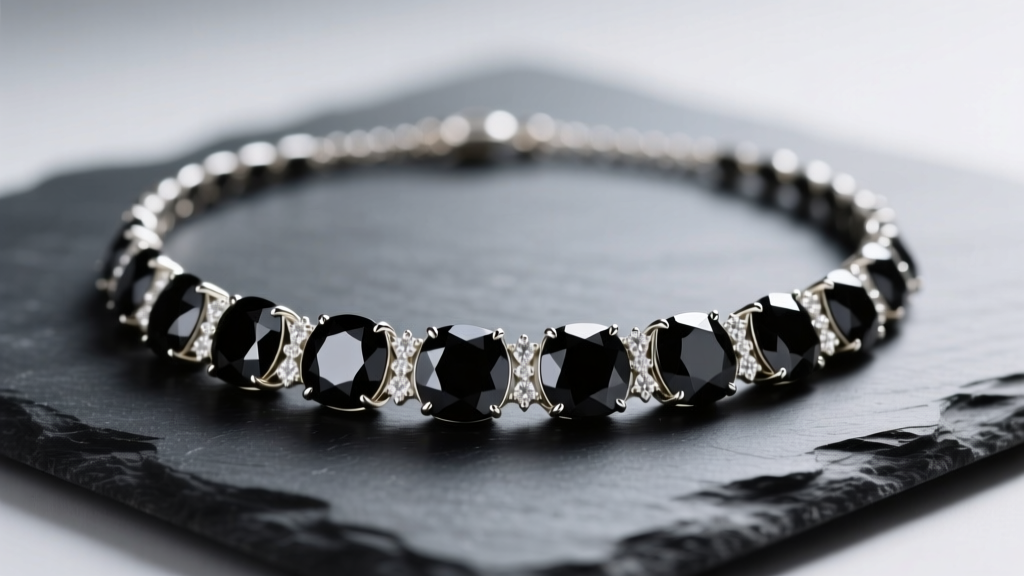 Natural carbonado black diamonds necklace on dark slate, showing opaque facets and white gold bezel settings in soft studio light