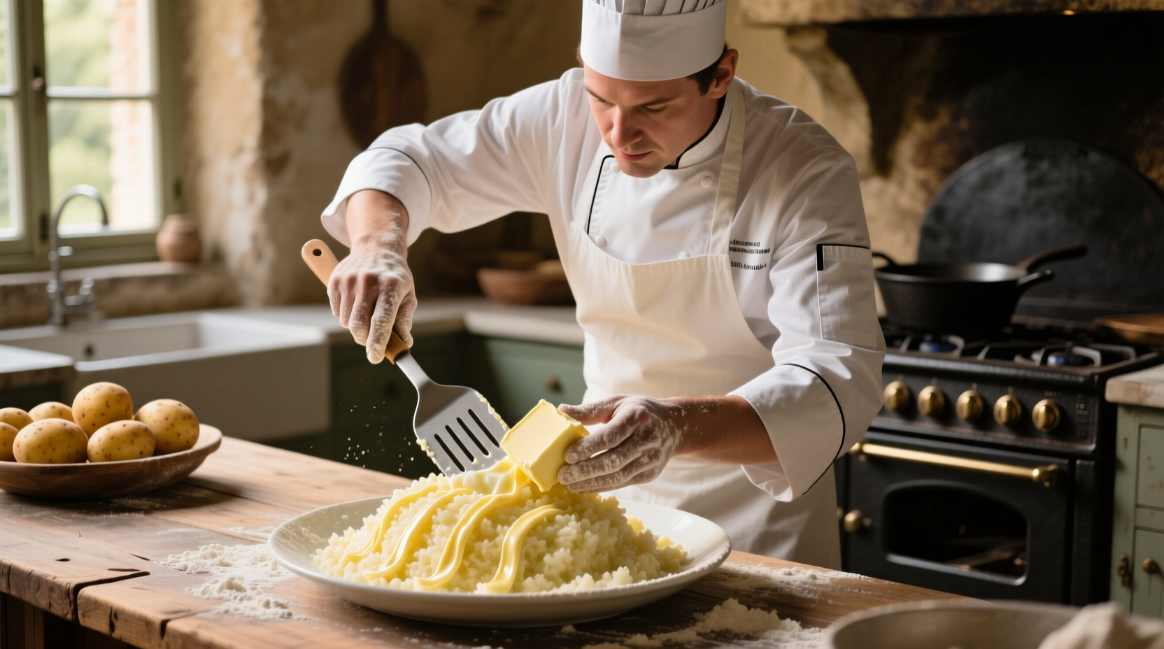 Chef folding butter into riced potatoes for mousseline