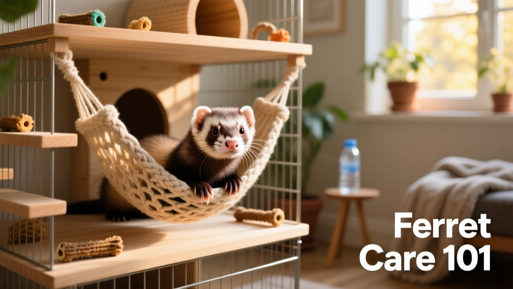 A curious ferret peeking out from a cozy hammock inside a multi-level cage