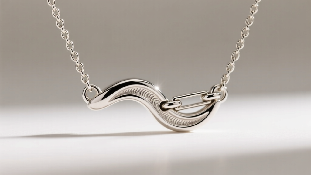 Macro close-up of a hidden sliding bail on a silver wave pendant threaded through a 1.2mm wheat chain under bright studio light.