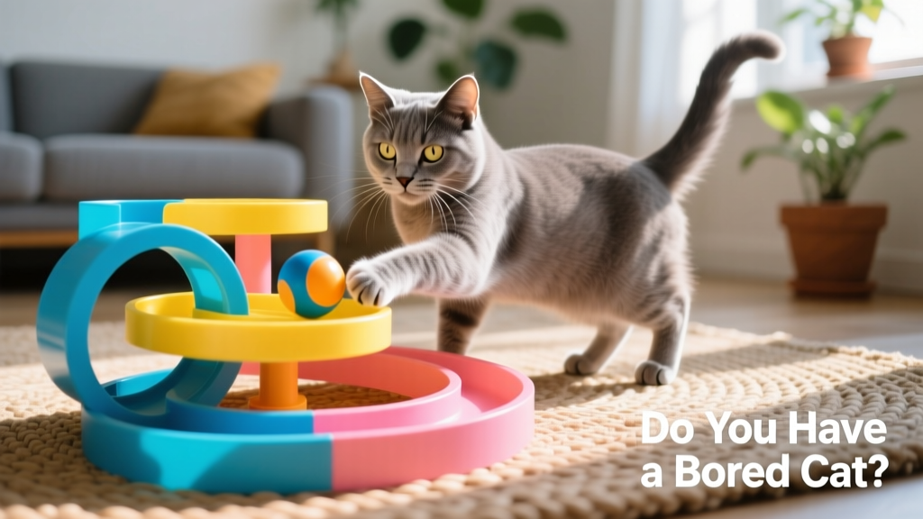 A cat intently batting a ball through a colorful track toy