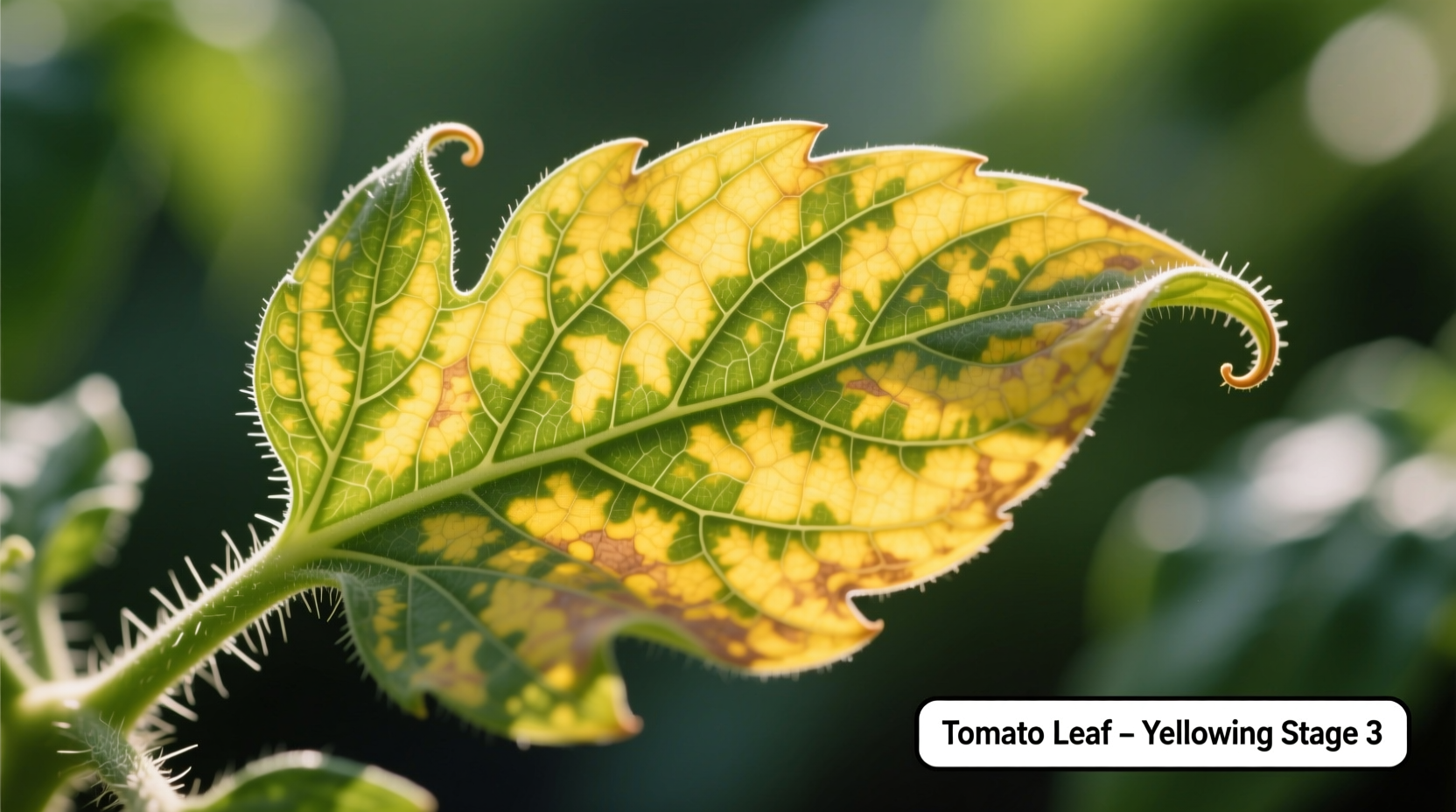 Close-up of tomato leaf showing yellowing pattern