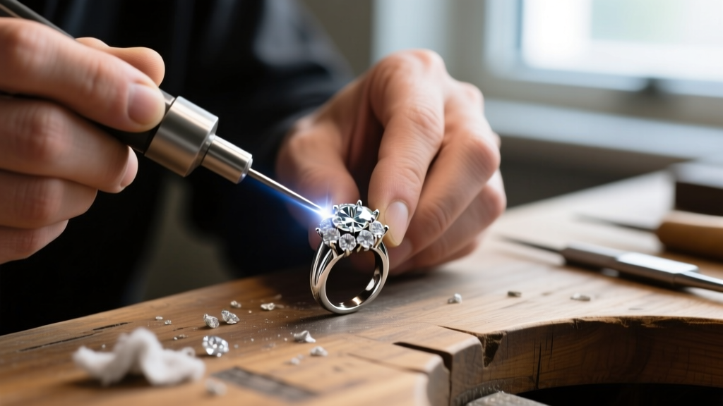 Close-up of a jeweler using a laser welder to retip a worn platinum prong on an antique diamond cluster ring at a wooden workbench