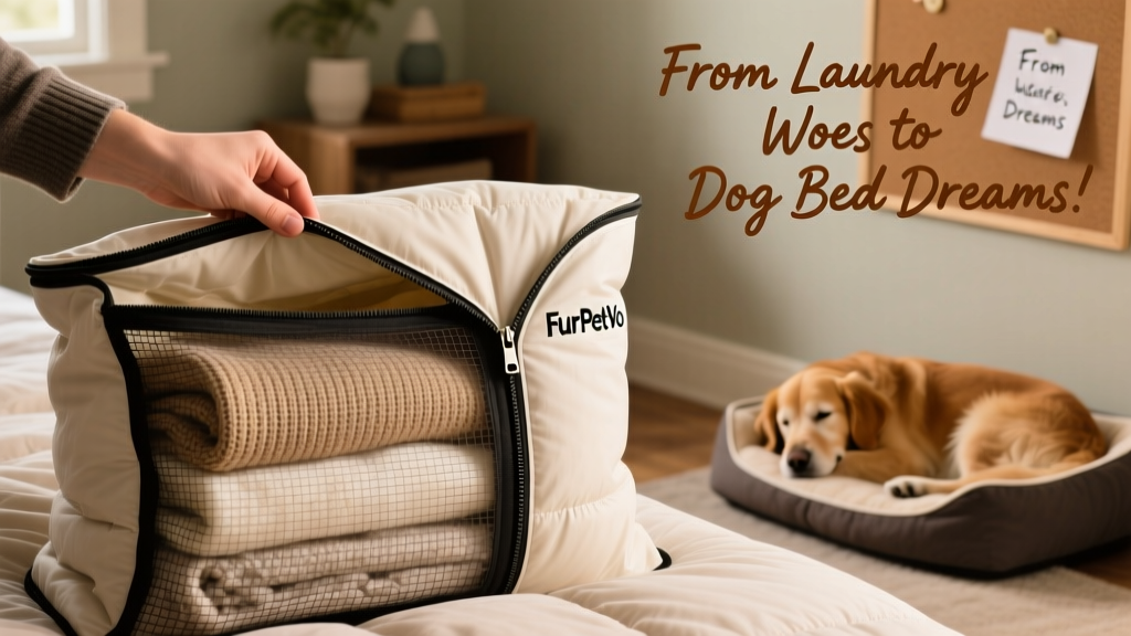 A close-up of a FurPetVo duvet cover being slipped over a mesh Stuff Sack filled with folded soft blankets and a sweater, showing the easy zip-and-go functionality