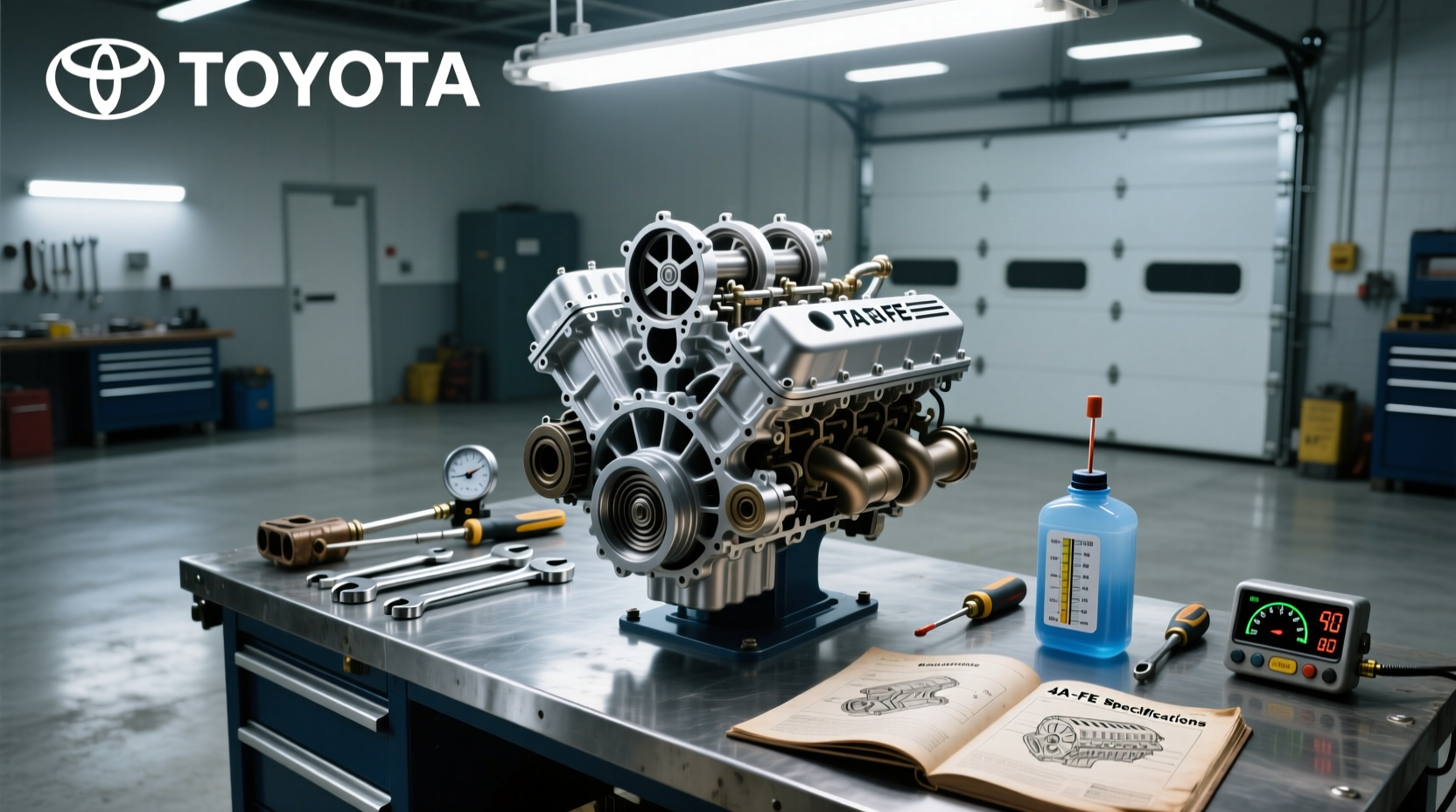 Close-up of Toyota 4A-FE engine block with valve cover removed