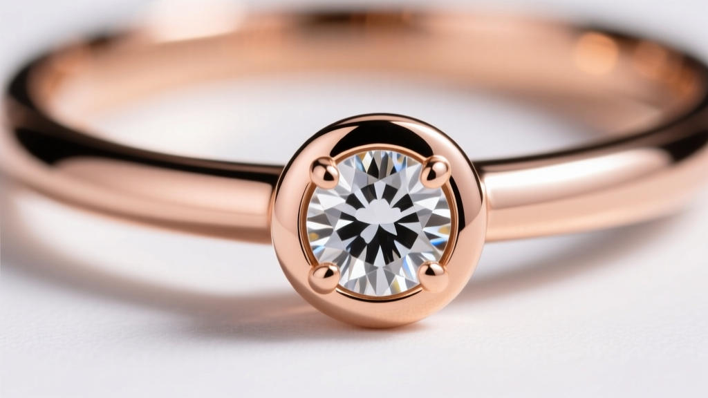 Macro jewelry photo showing the smooth flush rim of an 18k rose gold half-bezel setting securing a round brilliant-cut diamond.
