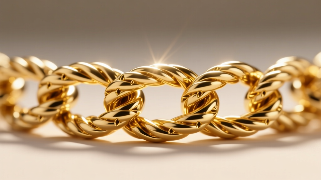 Macro shot of an 18k gold rope chain showing intricate interlocking links and laser-welded joints under a magnifying glass lens.