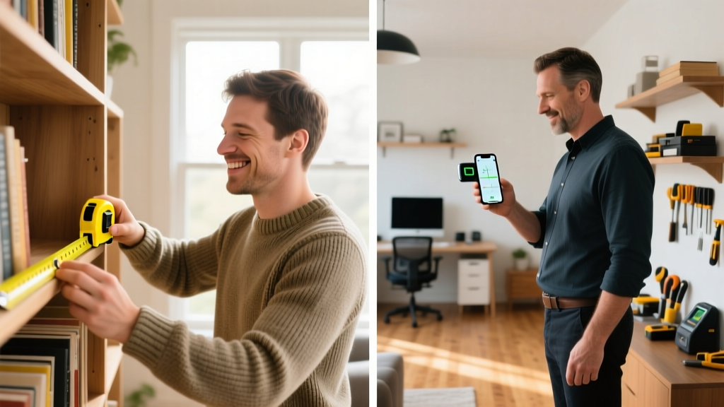 Novice dad using a yellow tape measure on the left, expert dad using a digital laser measure with a smartphone app on the right