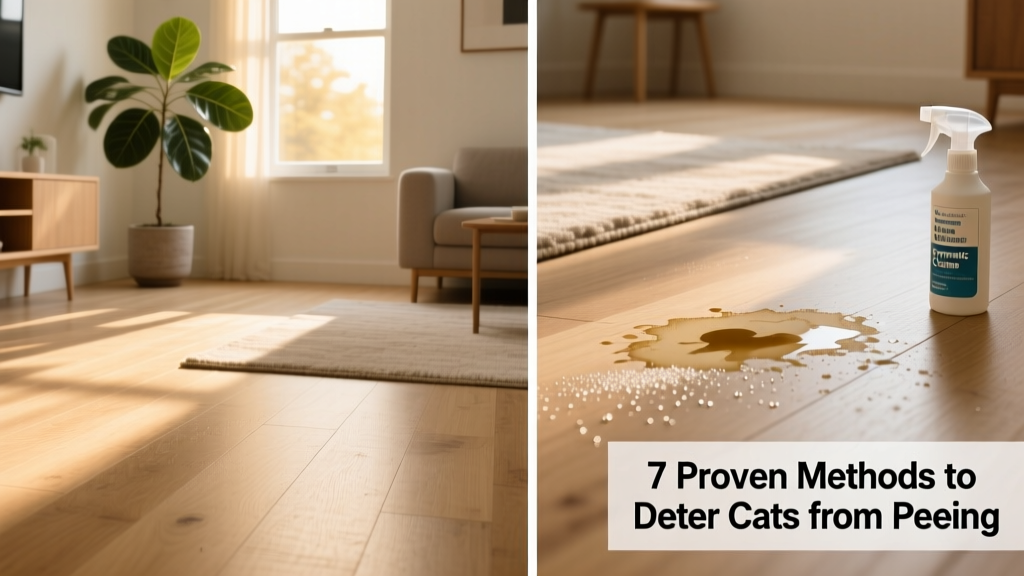 Side-by-side comparison of clean, dry floor surface versus a marked area treated with enzymatic cleaner and deterrent spray