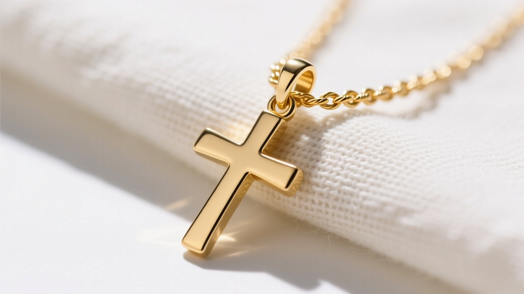 Macro shot of eNewton 14k gold fill cross pendant on linen, showing brushed finish and fine cable chain links in bright sunlight.