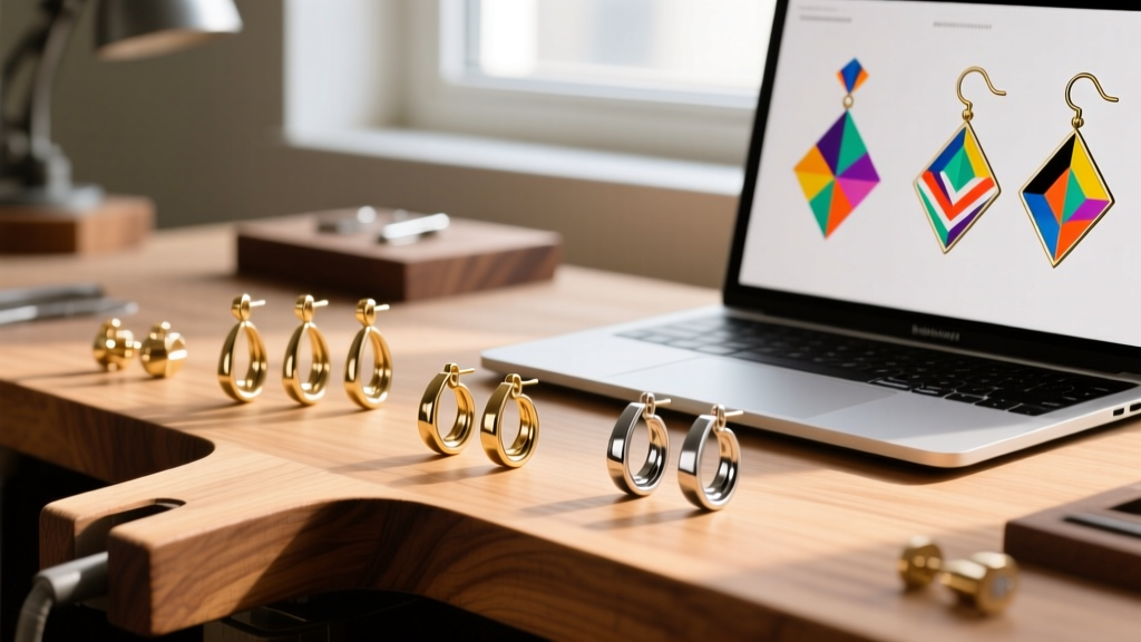 Laptop showing earring clipart vectors beside polished brass and titanium earring prototypes on a wooden jeweler