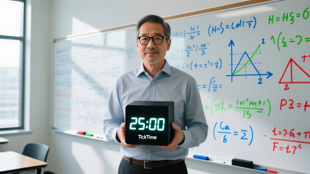 High school math teacher holding black TickTime cube timer displaying 25 minutes in front of a whiteboard filled with equations