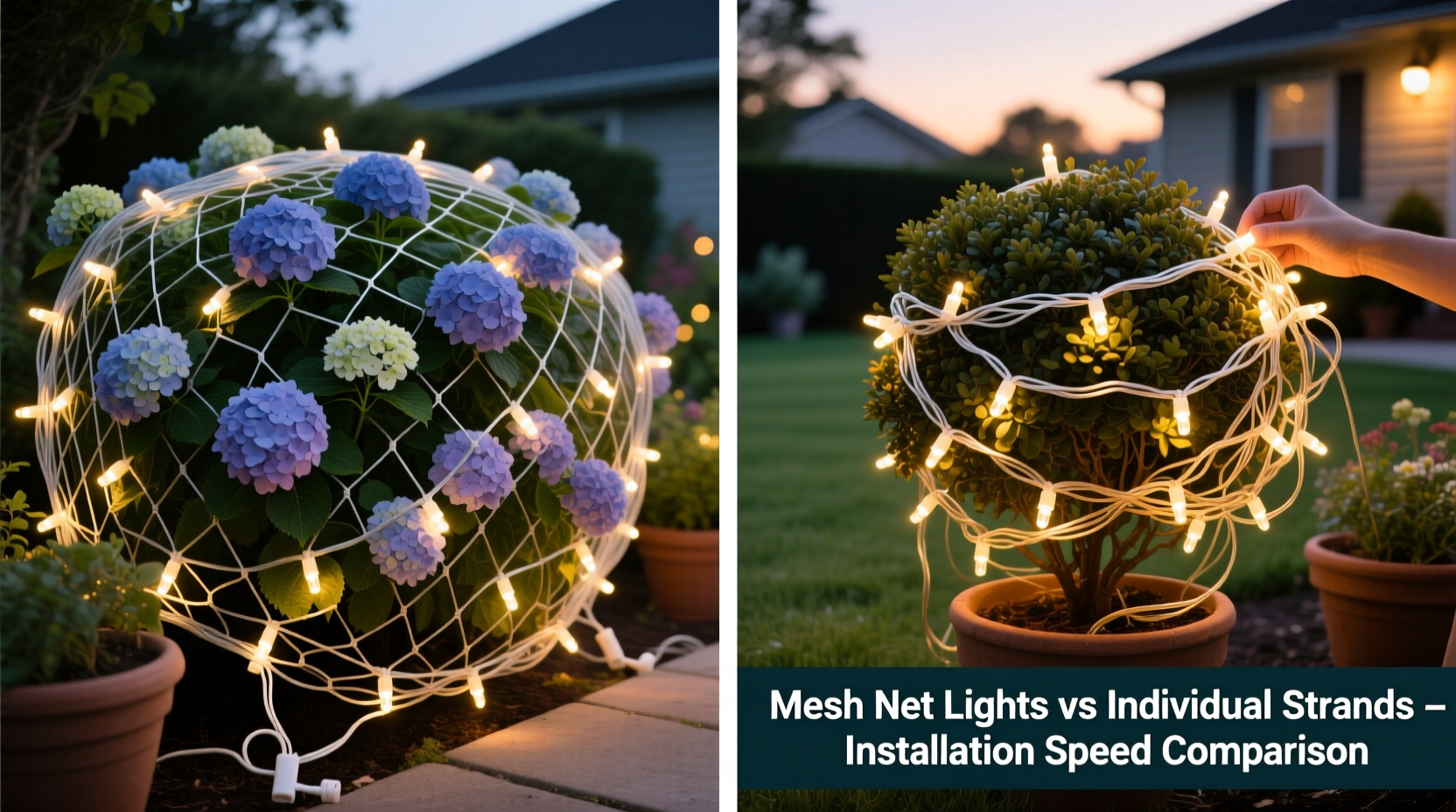 mesh net lights vs individual strands which installs faster on bushes and shrubs