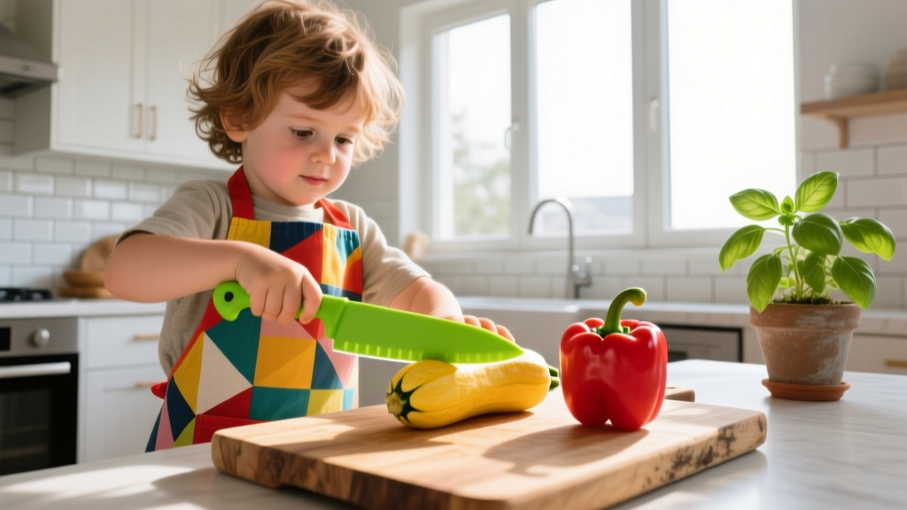 Young child in colorful apron safely chopping soft vegetables with bright green nylon knife on wooden cutting board in sunlit kitchen