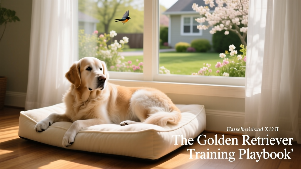 A senior Golden Retriever resting peacefully on a cozy dog bed beside a window, sunlight streaming in, looking calm and content