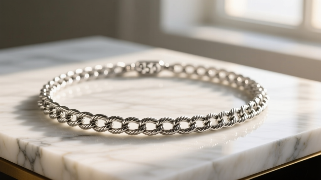 Heavy Pt950 platinum rope chain necklace catching light, showing subtle patina on edges, draped elegantly over raw white marble.