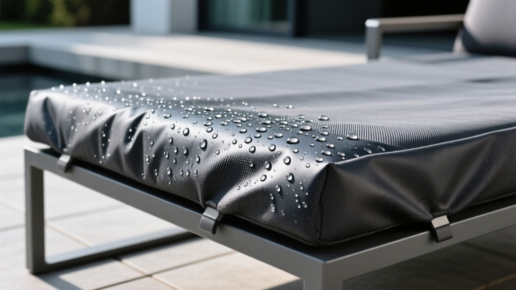 Close-up of heavy-duty 600D PU-coated Oxford fabric repelling water droplets on a modern outdoor patio furniture cover