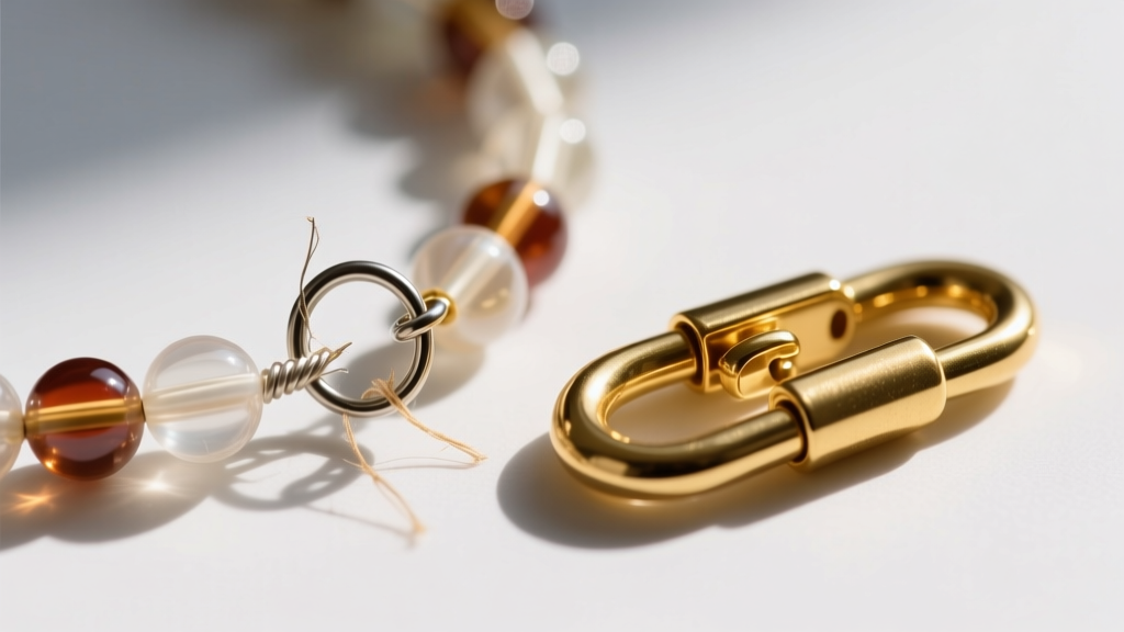 Detailed view of a cheap spring ring clasp failing on a holiday bead necklace next to a sturdy gold-filled lobster clasp.