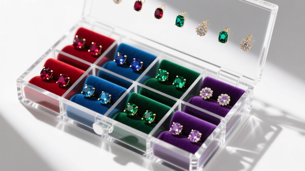 High-angle view of clear acrylic stud earring organizer with velvet slots holding colored gemstone studs in bright daylight.