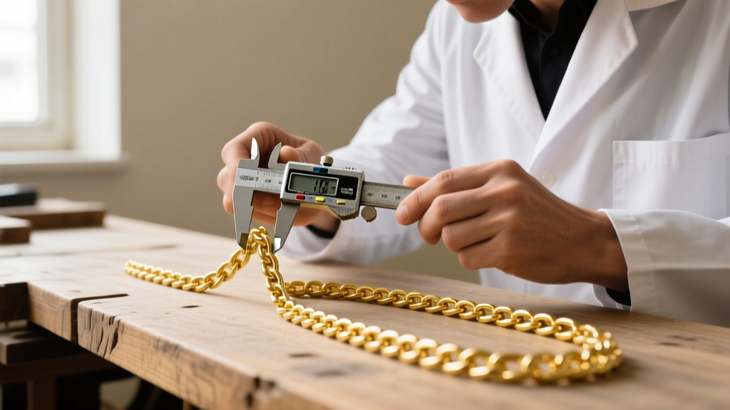 Jeweler using digital calipers to measure the millimeter thickness of a solid 14k yellow gold Figaro chain link on a wooden workbench.