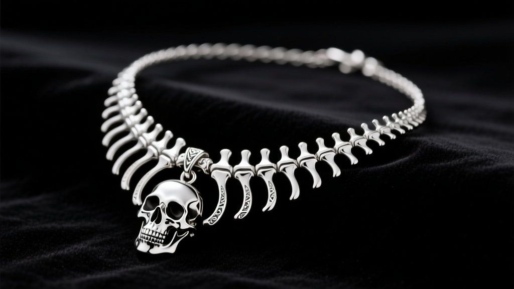 Silver skeleton spine necklace on dark velvet, showing detailed ribcage and skull pendant under soft studio lighting.