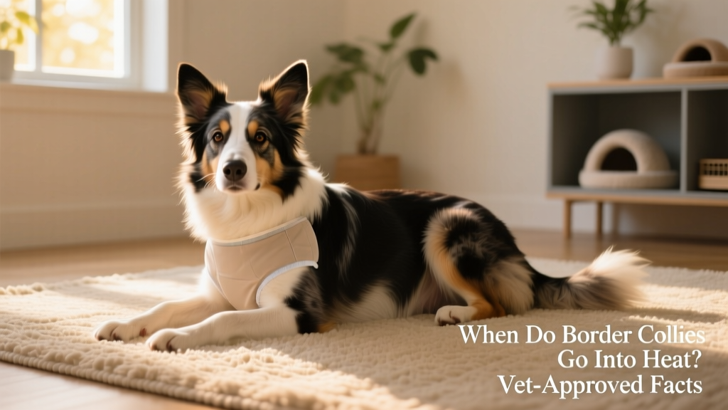Border Collie wearing a soft, well-fitted dog diaper while resting calmly on a clean rug