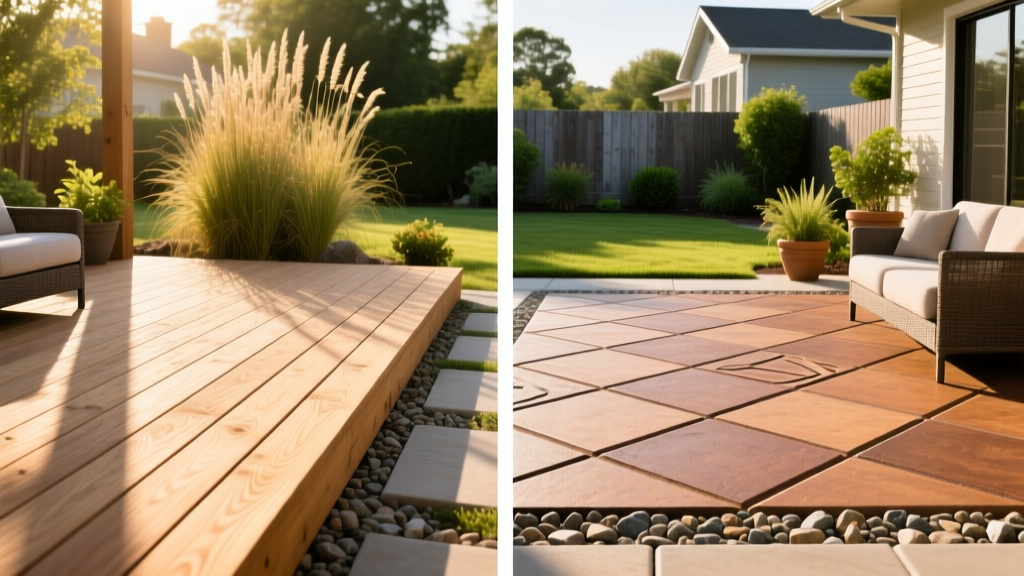 Split view comparing pressure-treated lumber deck with stamped concrete patio and exposed aggregate borders in sunny backyard
