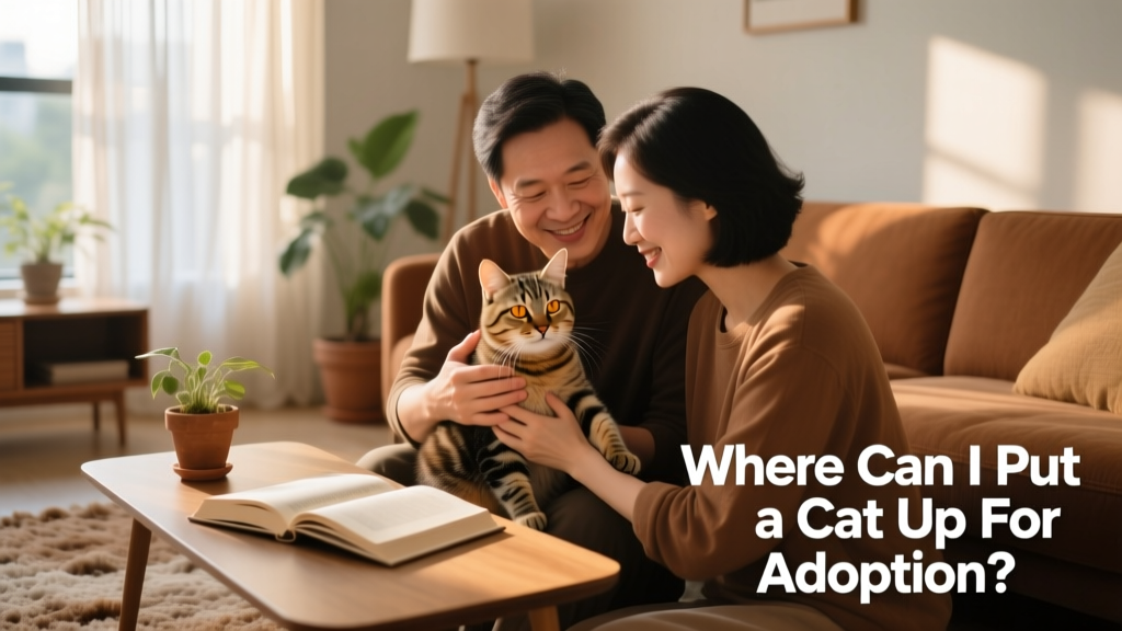 Two people gently holding a calm cat during a supervised meet-and-greet in a cozy living room