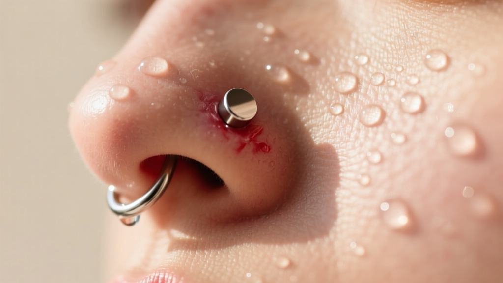 Close-up of a healing nostril piercing with a titanium flat-back stud, misted with sterile saline in bright natural light.