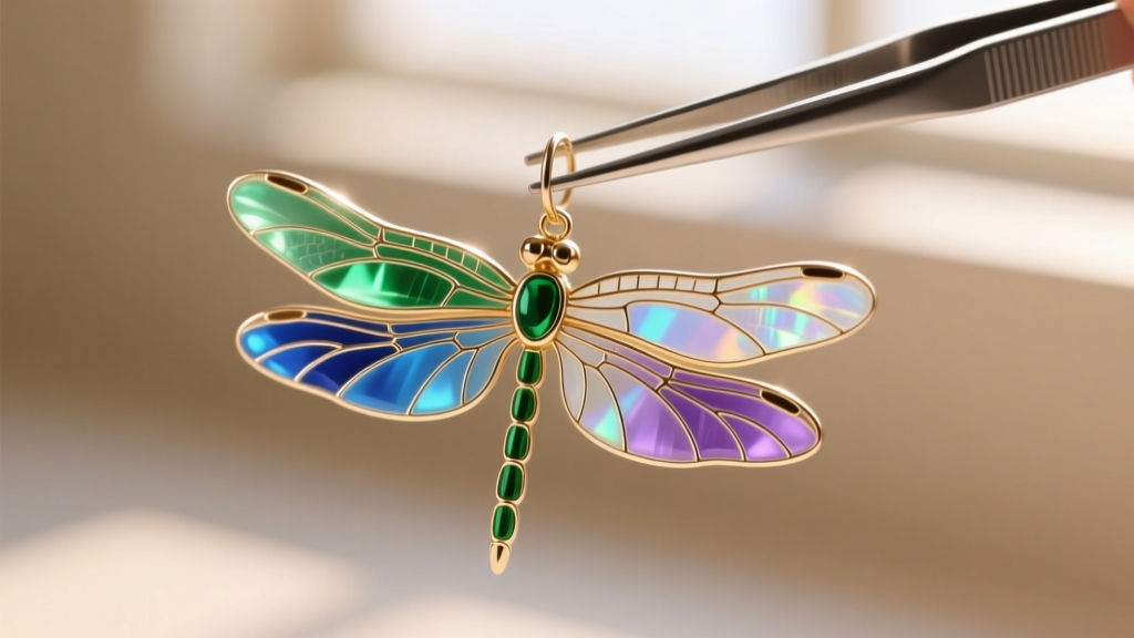 Close-up of a translucent plique-à-jour enamel dragonfly earring held by tweezers, showing light passing through fragile wings