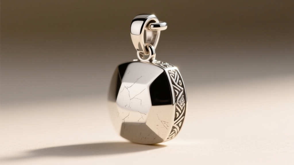 Close-up of a heavy sterling silver pendant with a fixed bail and a small counterweight clasp at the back of the neck, macro
