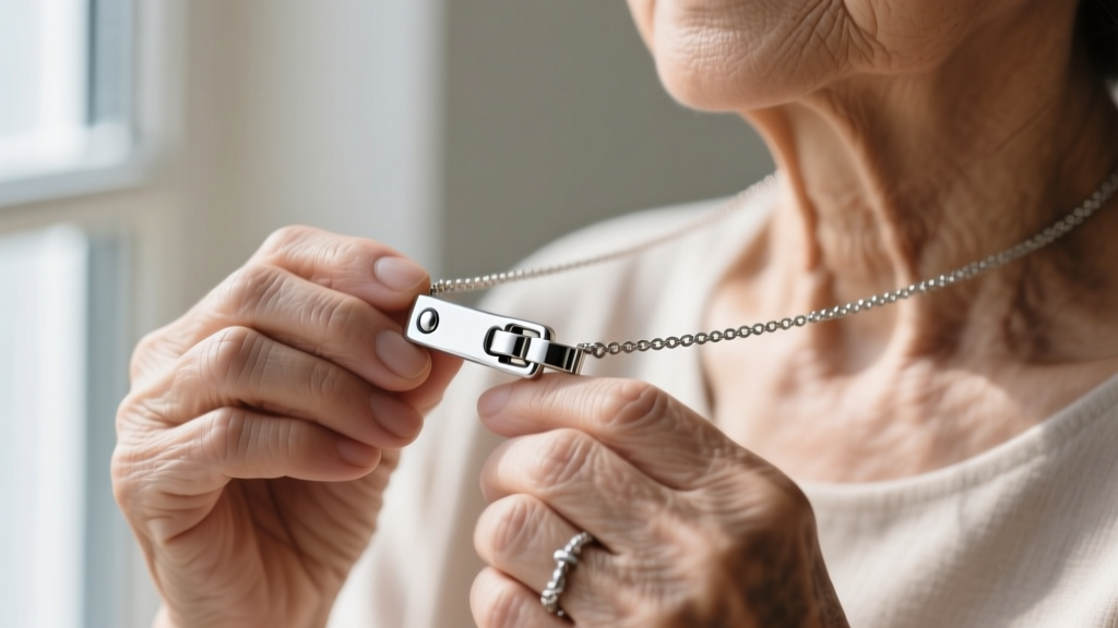 Silver magnetic necklace clasp with embedded neodymium magnets and safety latch, held gently between the fingers of an older woman