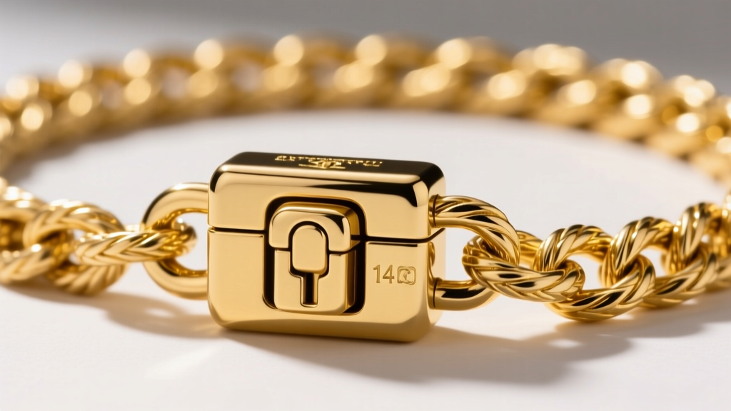 Extreme close-up of a heavy-duty locking box clasp with a double safety latch on a thick 14k yellow gold rope chain necklace.