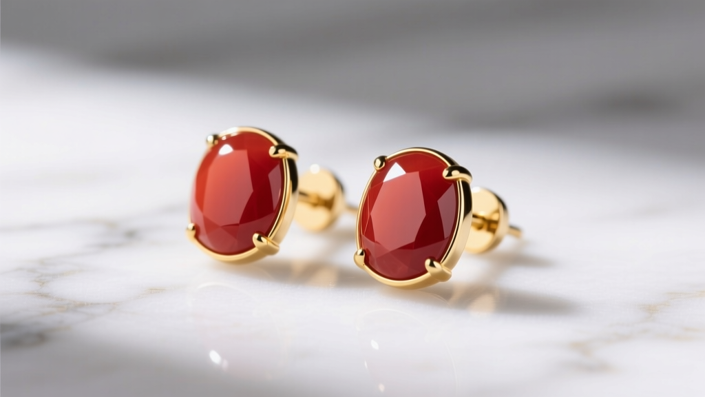 Macro shot of polished Mediterranean red coral cabochon stud earrings in 18k yellow gold bezels resting on white marble.