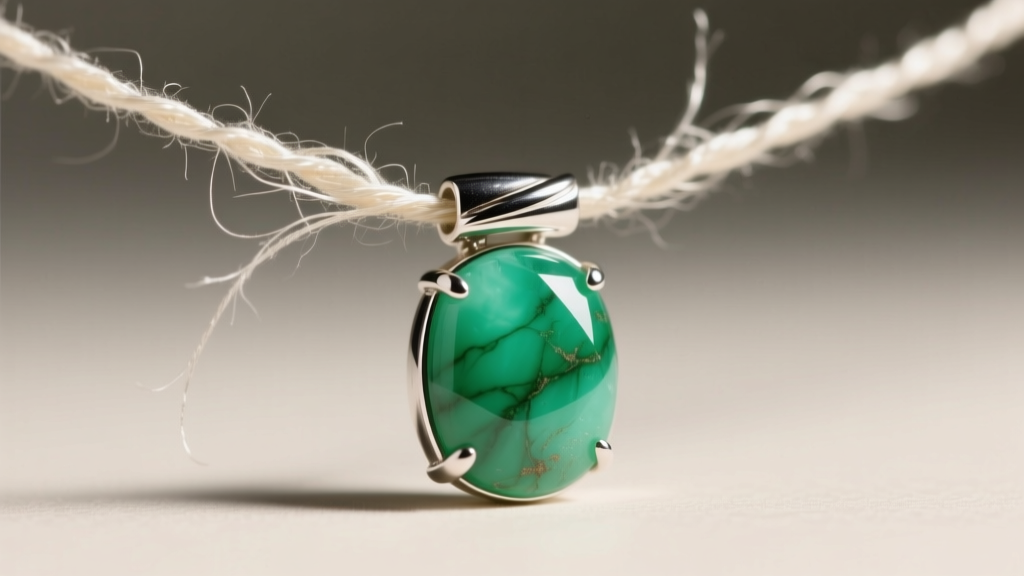 Macro view of frayed silk thread near a silver clasp on a chrysoprase necklace, showing the need for professional restringing