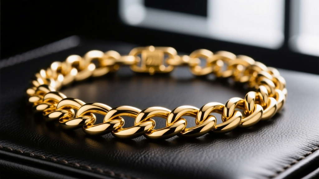 Close-up of a massive 22mm 18k yellow gold Cuban link chain resting on dark leather, showcasing thick interlocking links.