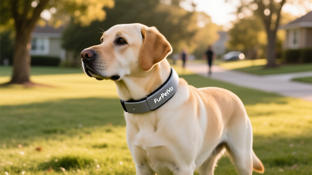 A modern FurPetVo e-collar worn comfortably on a calm, attentive dog during outdoor training