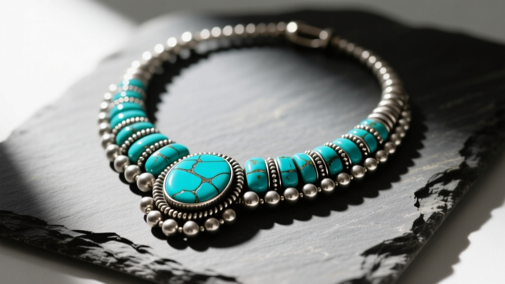 Close-up of a Navajo squash blossom necklace on slate, showing a turquoise naja pendant and silver beads in soft light.