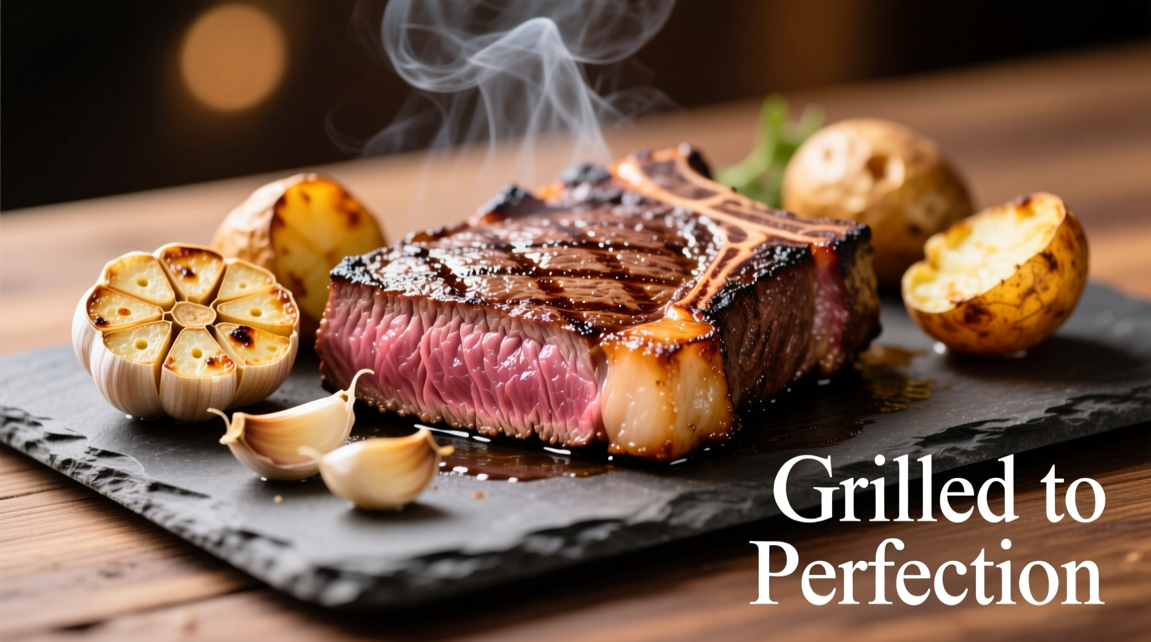 Perfectly grilled steak with roasted garlic potatoes