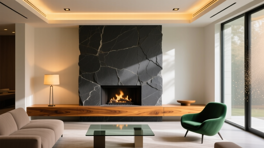 Modern living room fireplace clad in dark charcoal ledgestone veneer with a thick oak mantel and warm ambient lighting