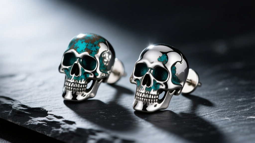 Macro shot of oxidized silver skull stud earrings on dark slate, showing contrast between dark crevices and polished high points.