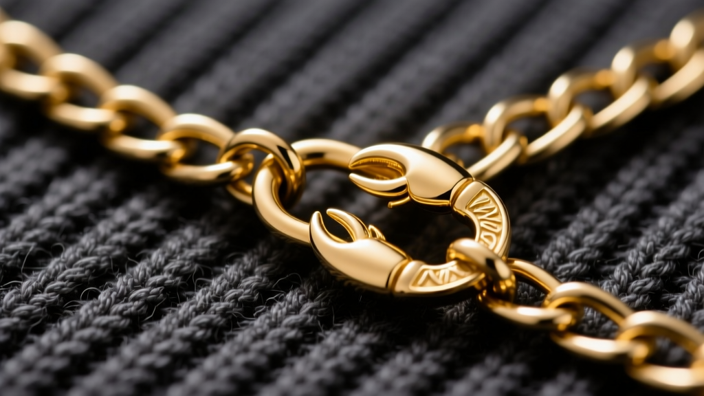 Close-up macro shot of a 14k gold vermeil lobster clasp attached to a thick 3mm paperclip chain resting on dark ribbed knit fabric